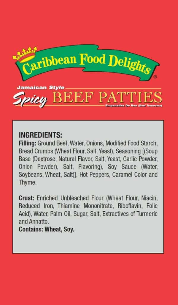 jamaican style spicy beef patties, 12/10 packs baked no msg, Ingredient statement