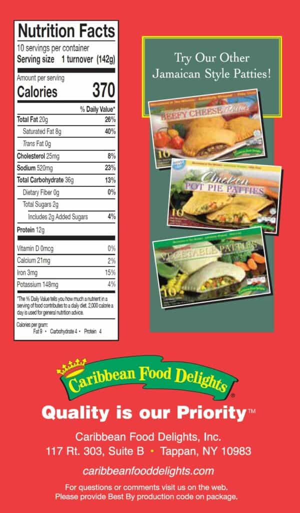 jamaican style spicy beef patties, 12/10 packs baked no msg, nutritional facts panel